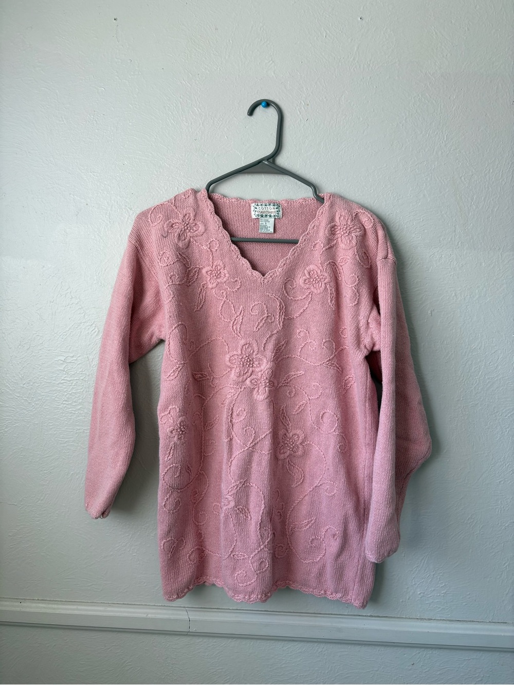 Vintage Pink Embroidered V-Neck Sweater